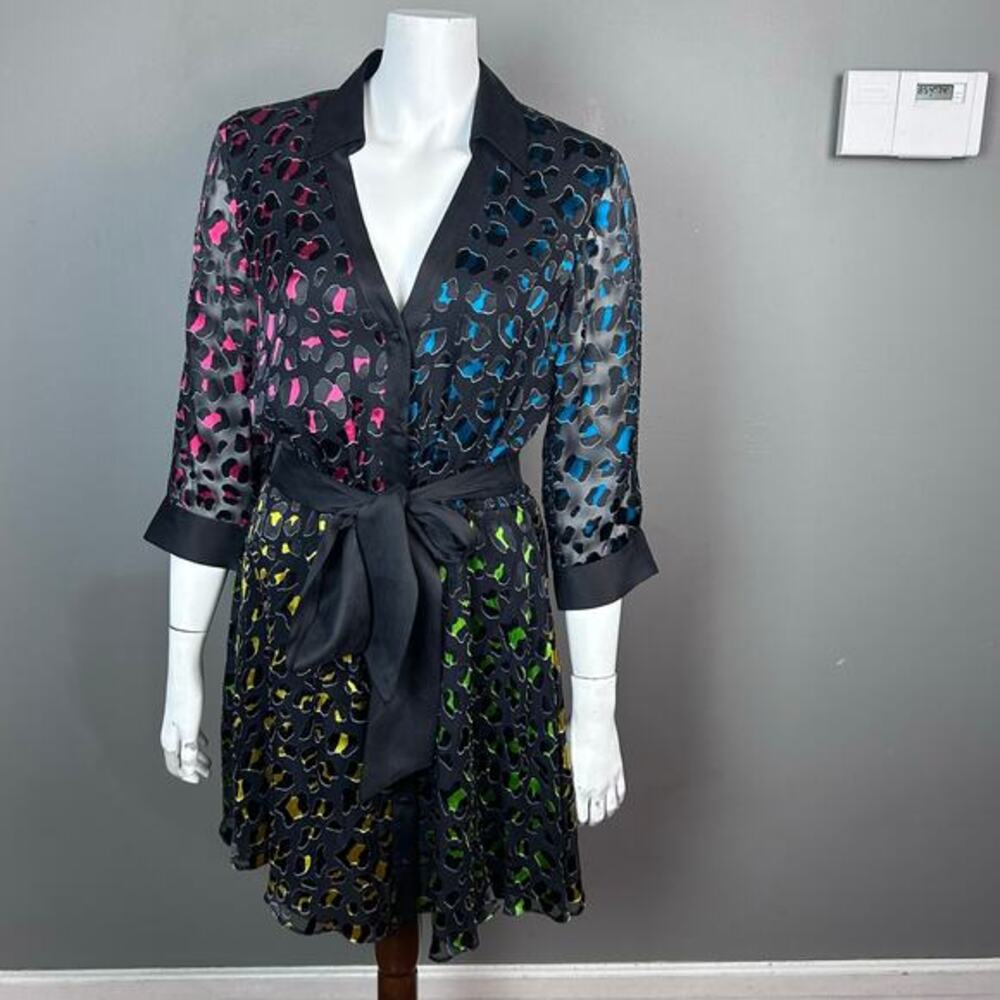 Alice‎ + Olivia Mini shirt Dress Size 12 Raja Leopard Print Burnout Belted sheer